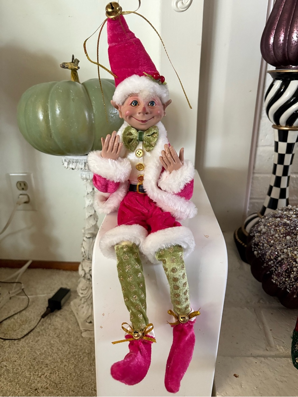 Holiday Pink Plush Elf with Green Accents